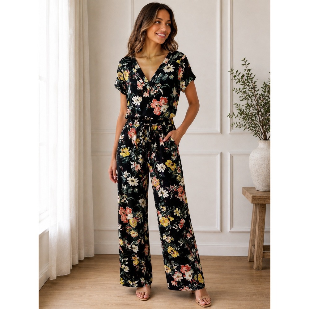 LOFT Navy Blue Floral Short Sleeve Wide Leg Jumpsuit V-Neck Size 2